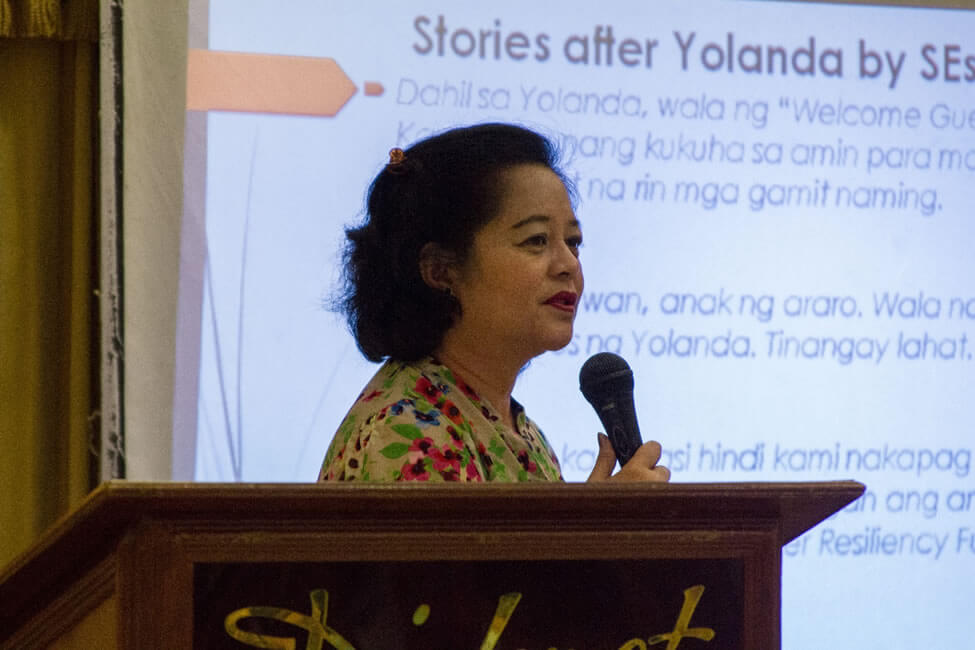 Prof. Marieta Sumagaysay, ISEA Research Associate, presents highlights from the Provincial Action Research and Consultation processes conducted in Leyte.