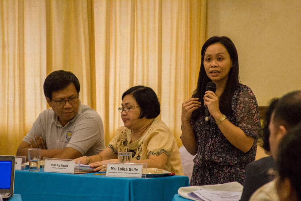 Dr. Rhodella Ibabao, ISEA Research Associate, presents highlights from the Provincial Action Research and Consultation (PARC) processes conducted in Capiz. Joining her in the panel is Prof. Joy Lizada (seated to her right) who also presented highlights from the PARC processes in Iloilo.  