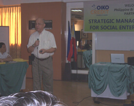 Dr. Alejandrino Ferreria, entrepreneur and educator, delivers a lecture on Quality, Delivery, and Productivity (QDP) as framework for Social Enterprise Operations Management.