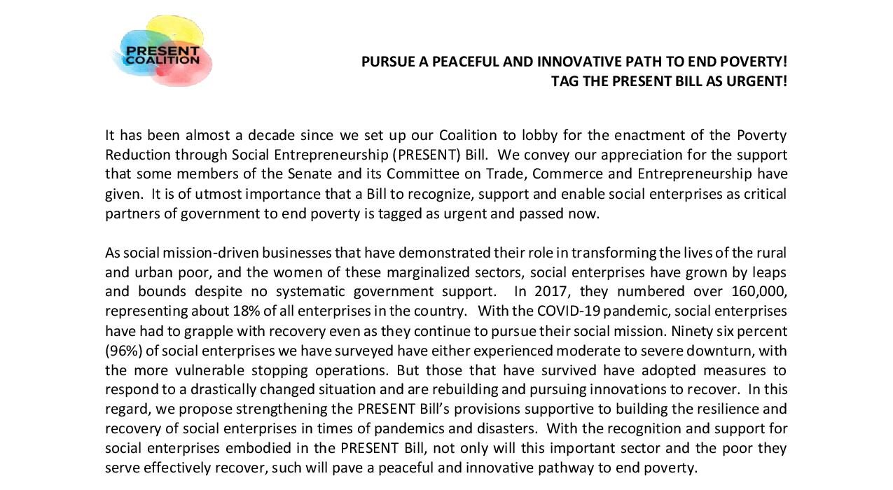 PRESENT Coalition Convener Statement: Pursue A PeacefulL and Innovative Path to End POVERTY! Tag the PRESENT BILL as URGENT! [Philippines]
