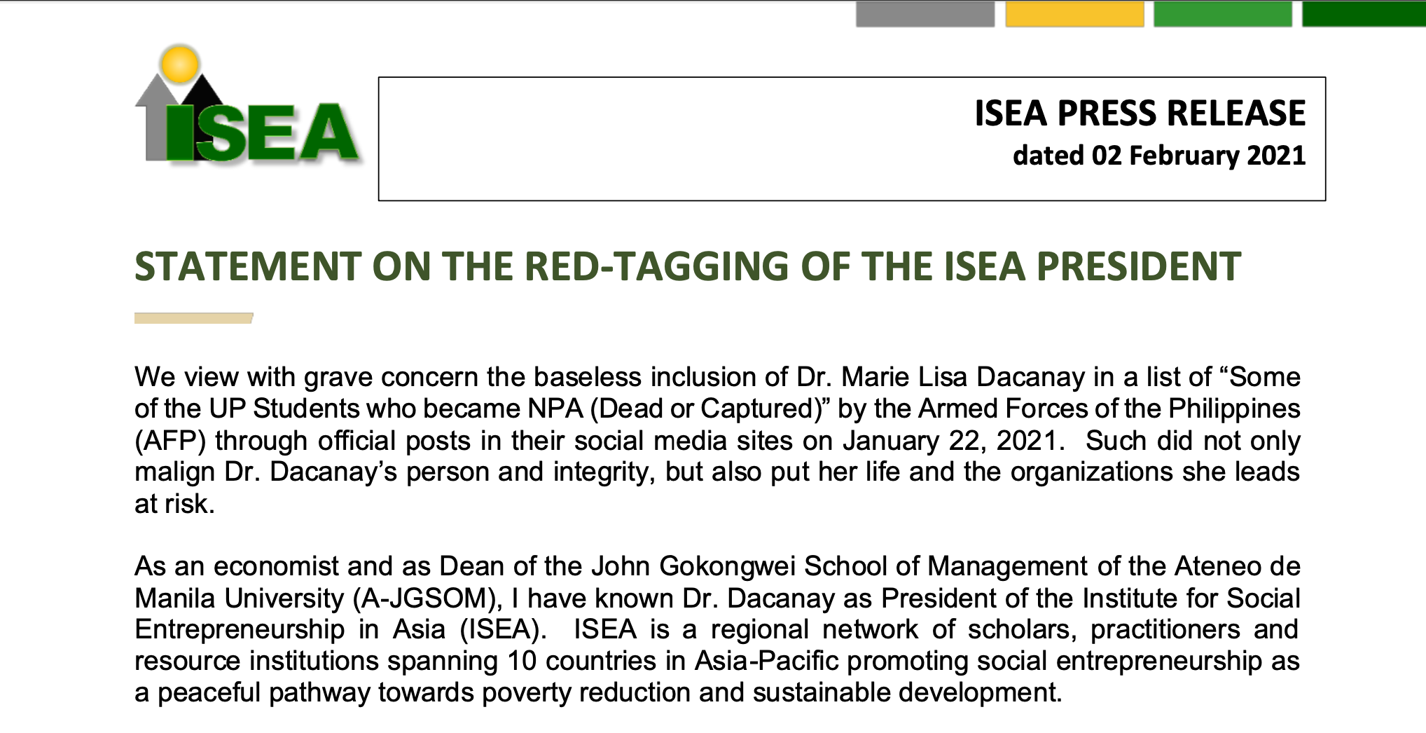 ISEA Chair Statement on the Red-tagging of the ISEA President [Philippines]